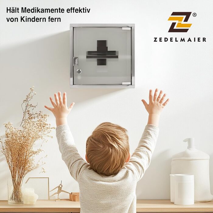 Медичний шафчик Zedelmaier з нержавіючої сталі, 4 відділення, для зберігання ліків, аптечний шафчик, для ванної кімнати, підвісний, з замком, 57 x 27 x 12 см, білий/сріблястий