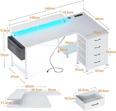 Кутовий письмовий стіл ODK L-подібної форми, 4 ящики, 2 розетки та USB, LED та підставка для монітора, 160x80x85.9см, білий