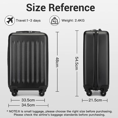 Чохол-валіза KONO, 55 см, 20 дюймів, ручна поклажа, ABS, чорний