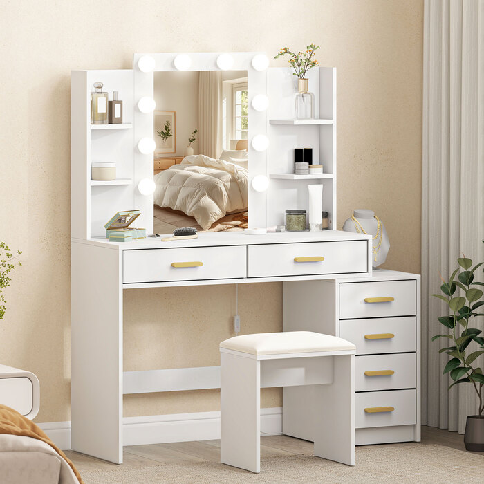 Туалетний столик з підсвічуваним дзеркалом та м'яким пуфом, туалетний столик з 6 висувними ящиками та полицями, білий