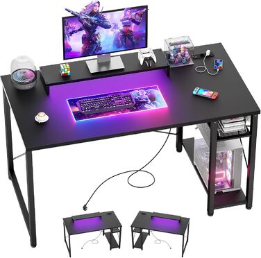 Ігровий стіл з LED підсвічуванням та розетками, стіл для комп'ютера з USB, стіл для ПК з підставкою для монітора, сучасний офісний/письмовий стіл для офісу та ігрової кімнати, чорний