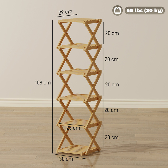 Стійка для взуття, розкладна, з 6 полицями з бамбука, вміщує до 9 пар взуття, розмір 30 x 29 x 108 см, колір: натуральний