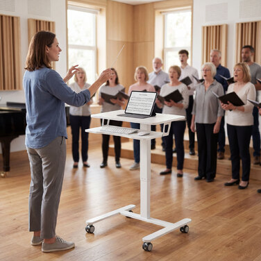 Регульований за висотою стіл для стоячи та сидіння, мобільний стіл з підставкою для клавіатури, роликами та сталевим каркасом, білий