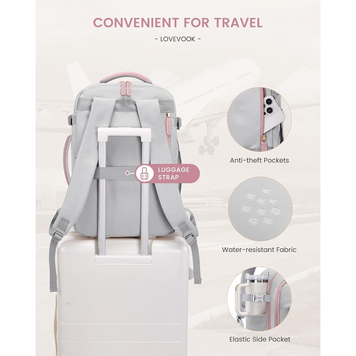 Рюкзак для ручної поклажі LOVEVOOK 40L, сірий/рожевий, для ноутбука 17.3