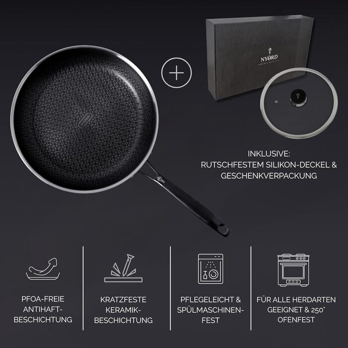 Німецька сковорода NYORD з нержавіючої сталі - антипригарна, з керамічним покриттям, для індукції, газу та кераміки, з кришкою, 24 см