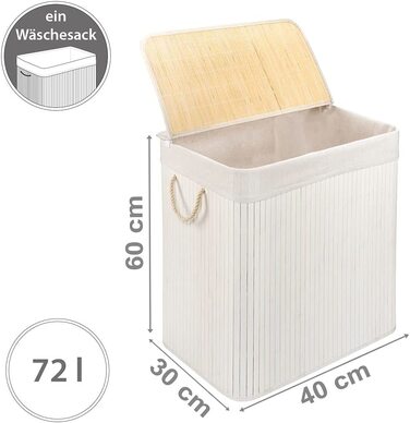 Бамбуковий кошик для білизни PANA ECO з кришкою * Дерев'яна сумка для білизни * складаний колектор для білизни * шафа для білизни у ванній * 100 бамбук колір * розмір (72 л (40 х 30 х 60 см), білий)
