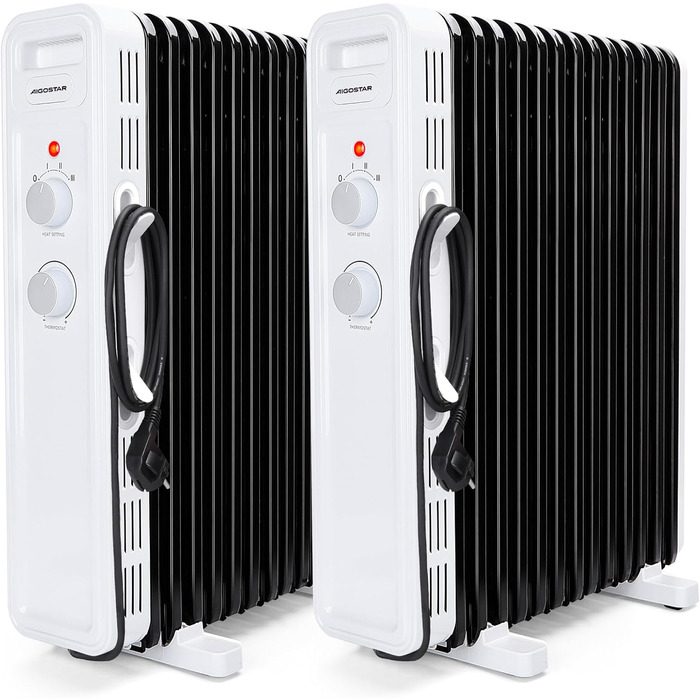 Електричний масляний радіатор Aigostar 2500W з термостатом, 13 ребер, 30м², 3 режими, захист від перекидання та перегріву, мобільний нагрівач, 2 шт.