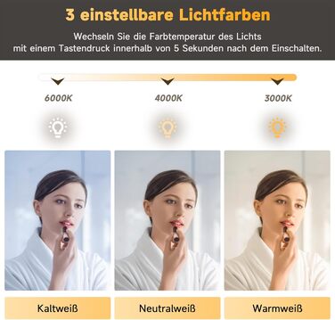 Дзеркало для ванної кімнати SONNI LED з підсвічуванням 50x70 см, сенсорне керування, 3 кольори світла, проти запотівання, функція пам'яті, білий