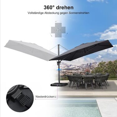 Парасолька від сонця PURPLE LEAF 350x350 см, велика садовий ампельний зонт з рукояткою, поворотом на 360° та хрестою основою для тераси та балкона, сіра