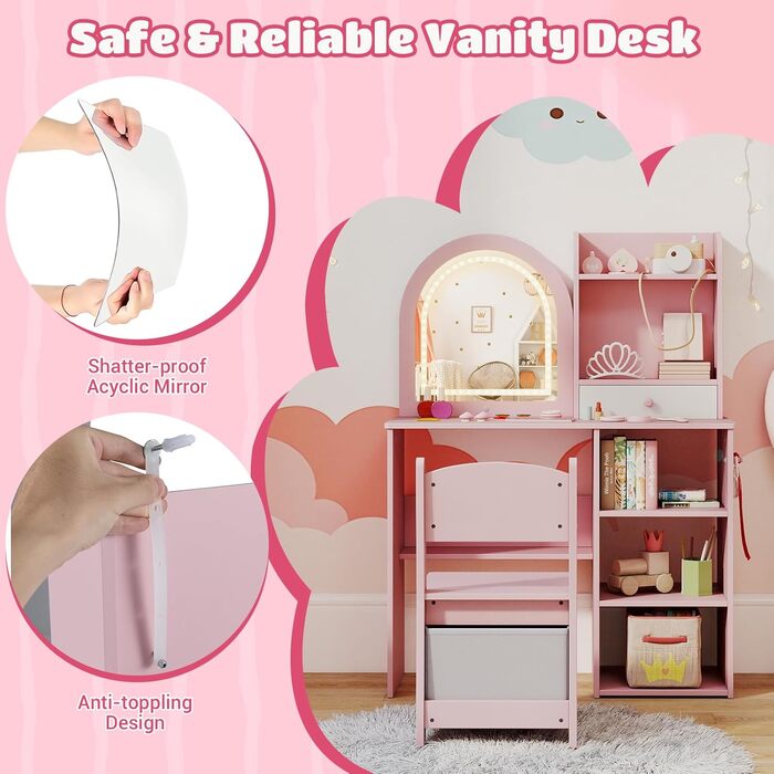 Дитячий туалетний столик LIFEZEAL 2 в 1 з дзеркалом та пуфом, рожевий, з ящиком та аксесуарами для дівчаток від 3 років