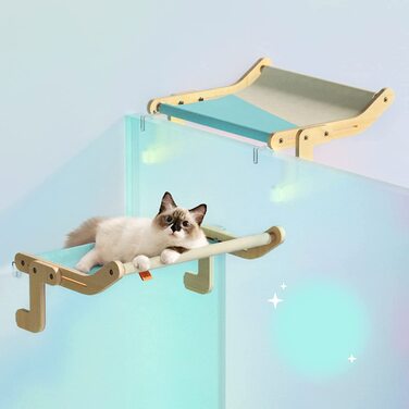 Віконна підставка для кішок MewooFun, підвісний гамак для вітальні, віконне сидіння, полки для ліжка для домашніх кішок без свердління ,без присоски (фіолетовий / зелений) (синій / сірий)