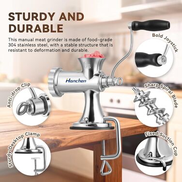 М'ясорубка ручна Hanchen з нержавіючої сталі з присоскою, насадкою для ковбас та 2 дисками, посудомийна, для м'яса та овочів