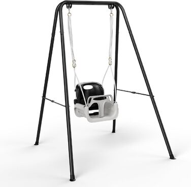 Дитяча гойдалка 2-в-1 з металевим каркасом, безпечний ремінь, для гри в приміщенні та на вулиці (білий, чорний)