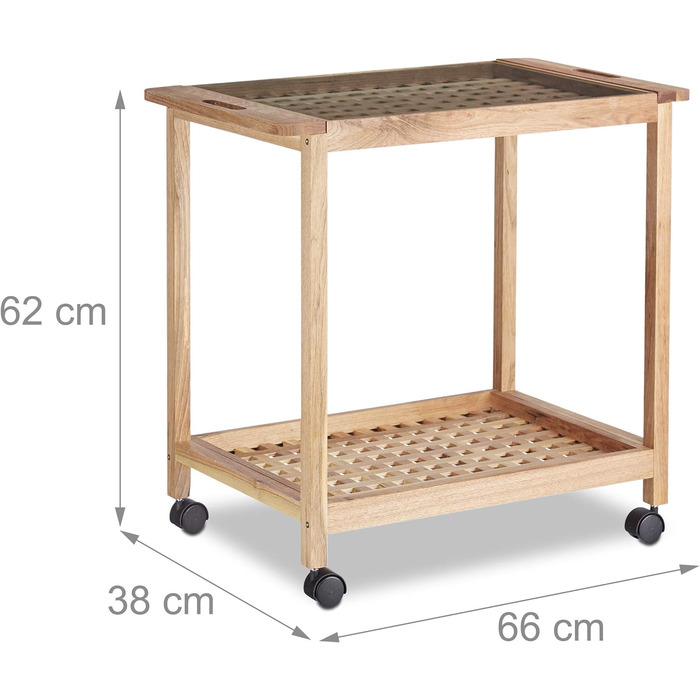 Кухонний візок на колесах, дерев'яний сервірувальний візок зі скляною стільницею, 2 яруси, 62x66x38 см, натуральний