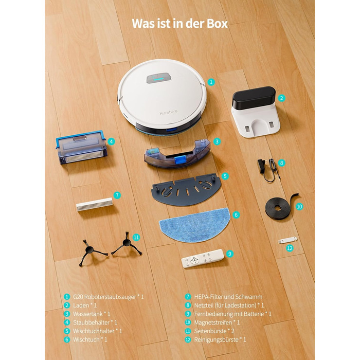 Робот-пилосос HONITURE G20 з функцією миття підлоги, 4000Pa, 3-в-1, для тварин, килимів, твердих підлог, з пультом дистанційного керування, білий