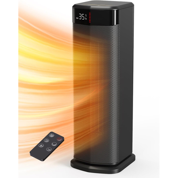 Електричний обігрівач 2000W з PTC-нагрівачем, 4 режими, ECO-режим, термостат, осциляція 90°, таймер 24 години, пульт дистанційного керування, захист від перекидання та перегріву для дому