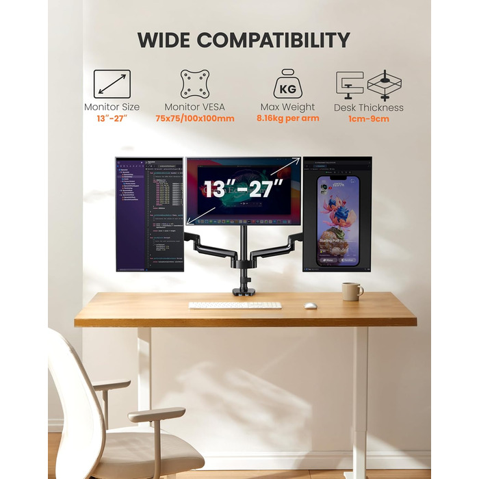 Тримач для моніторів ErGear на 3 монітори (13-27 дюймів), VESA 75/100, 2 USB, чорний