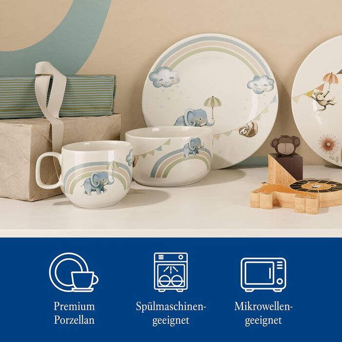 Дитячий набір посуду Villeroy & Boch Boho Kids 'Walk like an elephant' (3 шт.) – блакитний, преміум-посуд для дітей, миття в посудомийній машині, безпечний для мікрохвильовки, з зображенням слона та лінивця