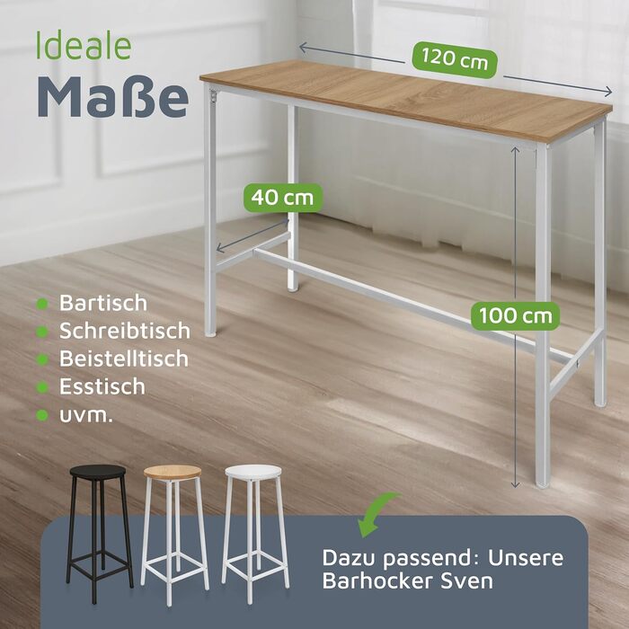 Барний стіл BeFair з дуба та білого кольору, 120x40x100 см, індустріальний стиль, з підніжкою