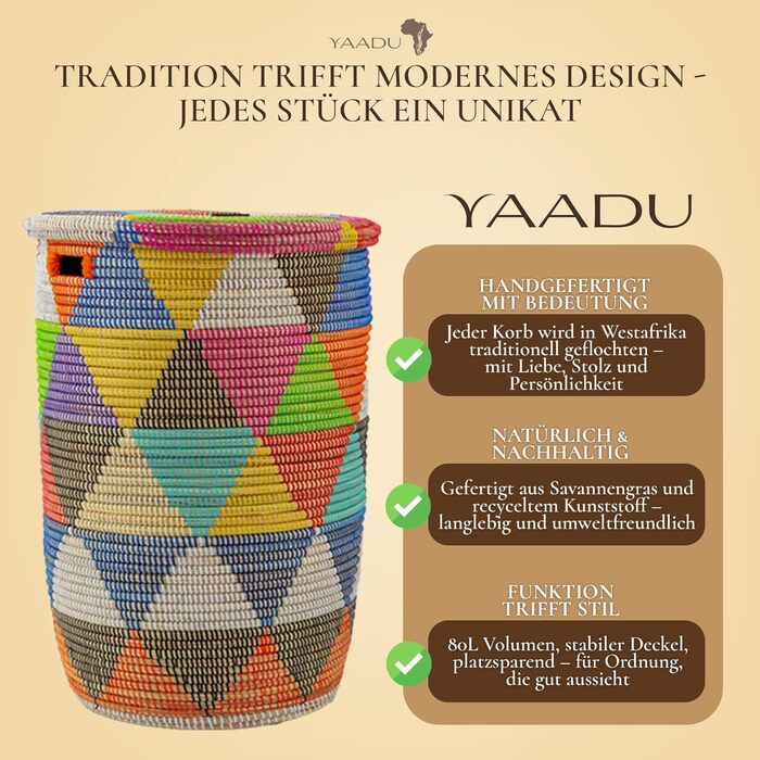 Кошик для білизни YAADU з кришкою XXL – великий контейнер для білизни, африканський кошик з трикутниками