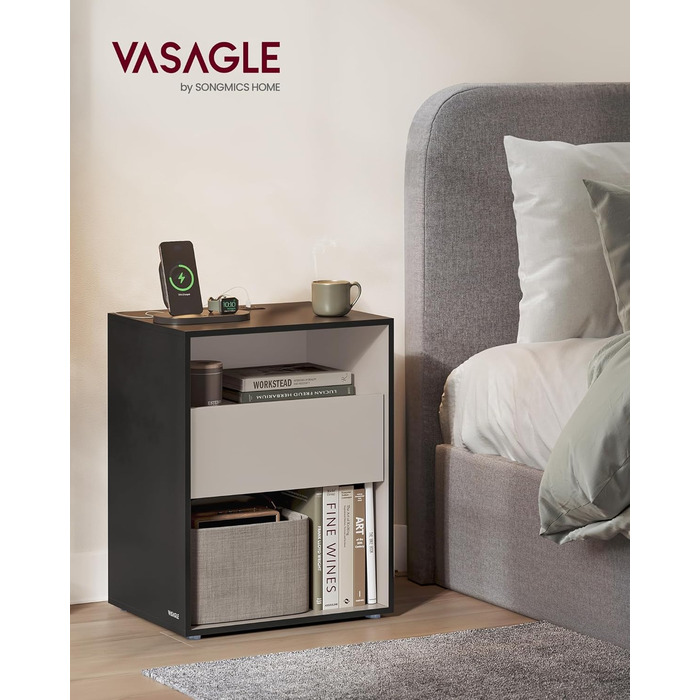 VASAGLE тумбочка з USB зарядкою, безінструментальна збірка, спальня, з шухлядою, чорна-капучино LET777B04