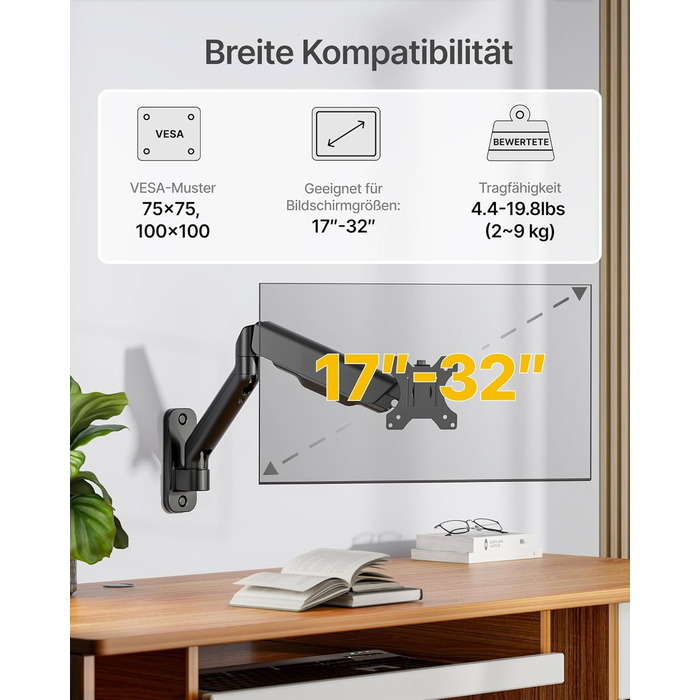 Кріплення для монітора monTEK: підходить для LED/LCD екранів 17-32 дюймів, до 9 кг, регульована висота, шарнірний, VESA 75/100