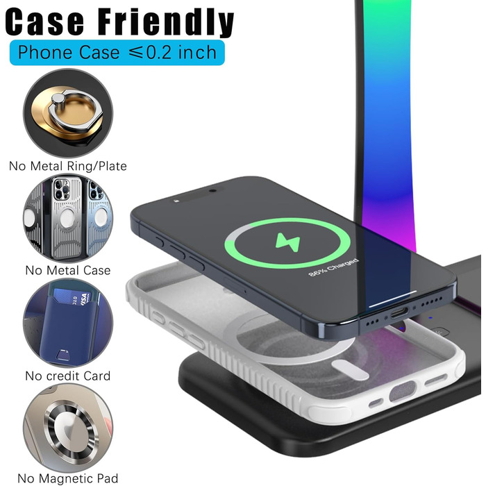 Підставка для навушників з бездротовим зарядним пристроєм, RGB-підсвічуванням, сумісна з Airpod Max, Airpod Pro/3/2, iPhone 16/15/14/13/12/11, Samsung, ідеальний подарунок для геймерів, чорний колір