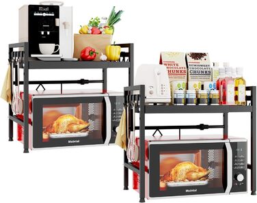 Регульована полиця для мікрохвильової печі, розширювана підставка-органайзер для кухні, з 8 гачків, (2 шт., 2-рівнева, чорна)