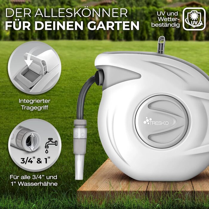 Трьохкамерний шланг TRESKO® з роликом для шланга, 30+2 м, з ручною лійкою, поворотний на 180°, для саду, автоматичний, з кріпленням для стіни та монтажним матеріалом