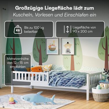 Ліжко дитяче Bellabino Vils 90x200 см – ліжко для малюків з бортиками та ламелями – ліжко Монтессорі з масиву сосни – біле для хлопчиків та дівчаток з місцем для зберігання (без ящика)