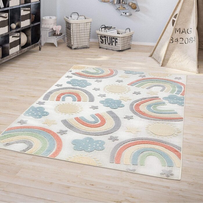 Домашній вуличний килим для дитячої кімнати TT, дитячий килимок для ігор, Райдужний кремовий дизайн, розмір (діаметр 120 см круглий)