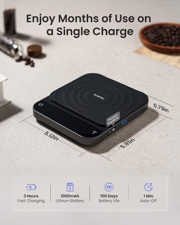 Електрична вага для кави RENPHO з таймером, перезаряджувана, точність 0,1г/3кг, автоматичний таймер, портативна вага для приготування кави Pour-Over та Filter, чорний, 192*167 мм