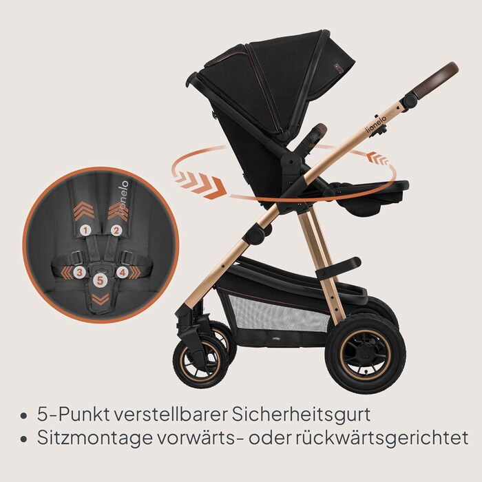 Комплексна коляска Lionelo Amber 3-в-1: люлька, автокрісло i-Size, прогулянкове сидіння, повітряні колеса, XXL капюшон UPF 50+, чорний онікс