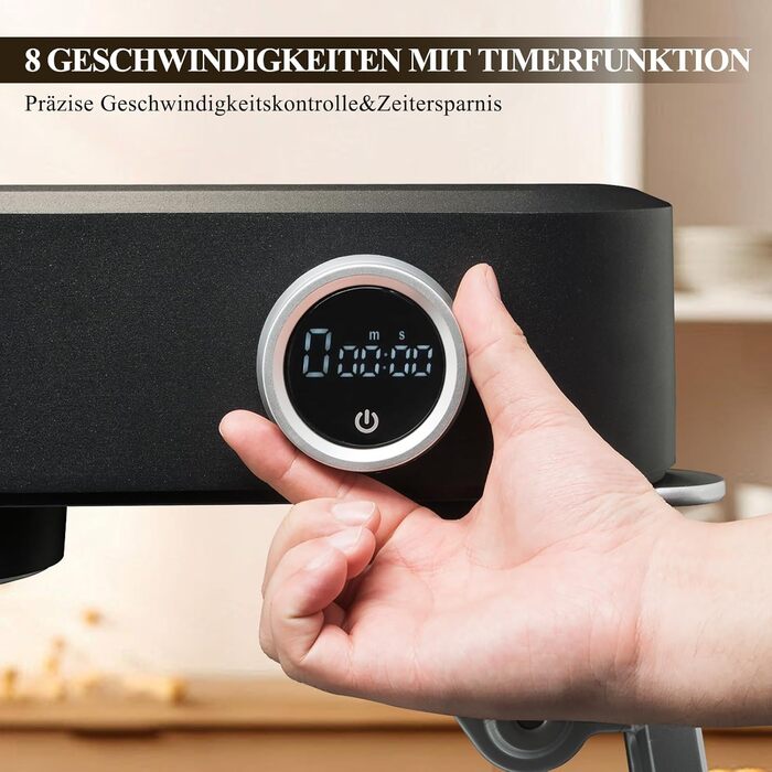 Кухонна машина 5л з місткою чашею з нержавіючої сталі, для тіста, піци, з таймером та 8 режимами. В комплекті: міксер, гак для тіста, вінчик, гнучкий вінчик. Чорний колір.