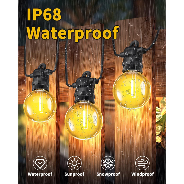 Ланцюжок прикрас для зовнішнього використання, 10м, G40 лампочки. Водостійкий (IP68), диммування, з пультом ДУ. Ідеально для балкона, павільйону, саду, тераси, вечірки, весілля.