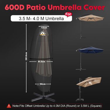 Чохол для парасольки Zettum 3-4 м, водонепроникний, 600D Oxford, захист від УФ, снігу та вітру, 260x42x81/56 см