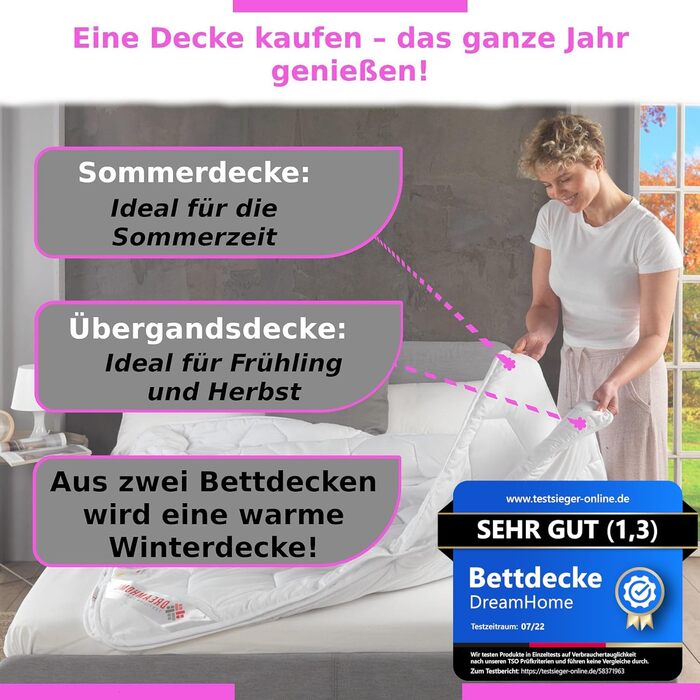 Ковдра DreamHome 135x200 см на 4 сезони - Оeko-Tex сертифікована, адаптована стегальна ковдра 135x200 см - літня та зимова ковдра - ковдра на всі сезони