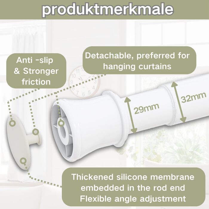 Телескопічний карниз для штор без свердління та гвинтів, розсувна штанга для ванної кімнати та гардероба, біла, 85-265 см (Ø 32 мм)
