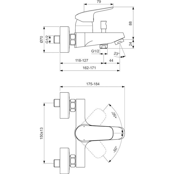 Змішувач для ванної кімнати Ideal Standard Ceraflex настінний з одноважільним керуванням, витяжка 160 мм, регульовані S-з'єднання, водозберігаюча картридж CLICK, хром (з набором для душу, без тримача для душу, хром)