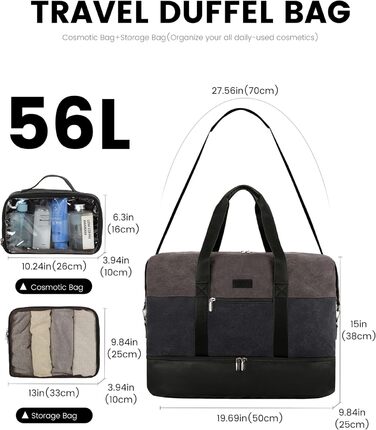 Спортивна сумка LOVEVOOK для жінок, дорожня сумка-валіза, дорожня сумка-мішок, валіза ручної поклажі, сумка для подорожей, сумка для пологів, сумка для одягу, сумка з відділенням для взуття, з косметичкою, бежево-коричнево-чорна (canvas), 50x38x25 см