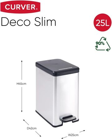 Тонка пластикова корзина для сміття Curver Deco об'ємом 40 л (39 х 25 х 45 см, чорний / сріблястий металік)