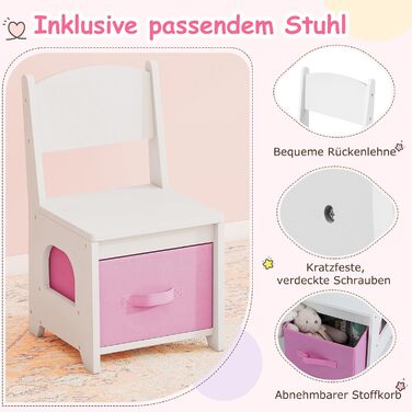 Детський туалетний столик COSTWAY 2-в-1 зі стільчиком та дзеркалом, з LED-підсвіткою, з шухлядами, для дівчаток 3-7 років, колір білий