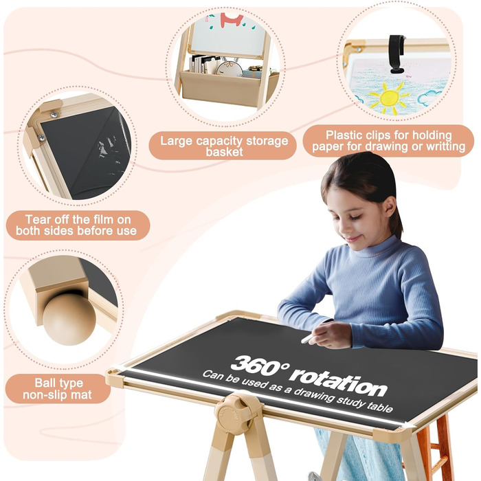 Дитяча мольберт Kinderstaffelei з двома сторонами, металева конструкція, регульована висота, обертається на 360°, дошка для малювання та письма з літерами та цифрами (жовтий)