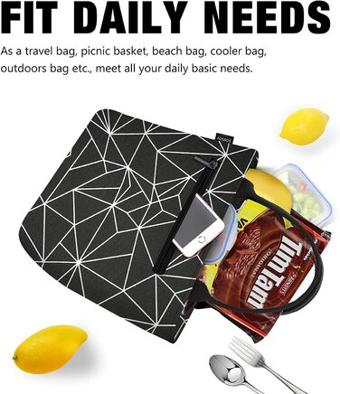Сумка для холодильника, маленька легка сумка для обіду, ізольована сумка для роботи, Школи, складна водонепроникна блискавка (E-Black) (геометричний чорний)