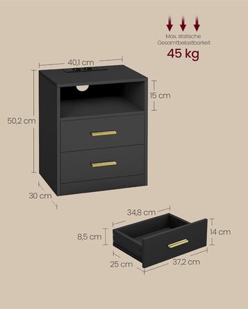 VASAGLE Custos: Набір з 2 тумбочок з LED-підсвічуванням та зарядкою, чорний, з шухлядами, 2 розетки AC та USB