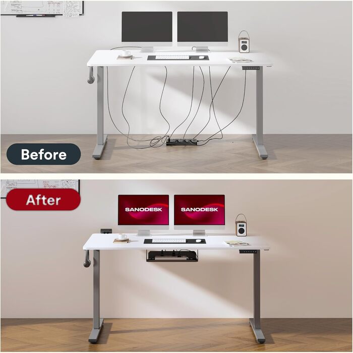 Регульований стіл Sanodesk 110x54 см – компактний стоячий стіл з аксесуарами, для маленьких приміщень, з антиколізійним захистом (білий)