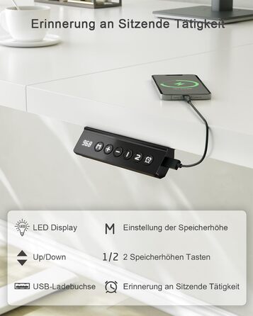 Регульований стіл JUMMICO з USB-портом для зарядки, електричний, 160 x 70 см, білий