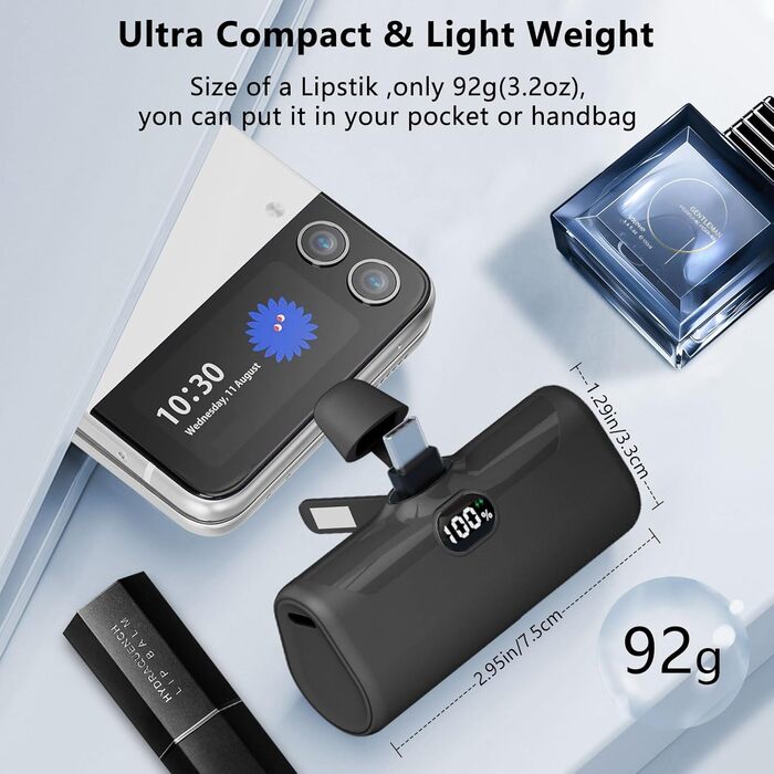 Малий Power Bank USB C 5000mAh з підставкою та світлодіодом, сумісний з iPhone/Samsung/Google