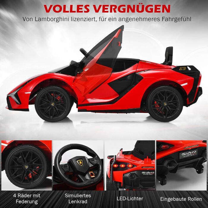 Електромобіль для дітей DREAMADE Lamborghini 12V з пультом, ременем безпеки, підсвічуванням, музикою та сигналом, червоний, від 3 років