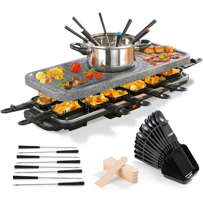 GOURMETmaxx Ракуетка 2-в-1 з Фондю | Набір ракуетки на 8 осіб – ідеальний гриль для вечірок | Ракуетка-фондю комбінація з 8 сковородами, лопатками та виделкою для фондю | Набір ракуетки з фондю на 8 осіб (Ракуетка & Фондю комбі XXL на 12 осіб)